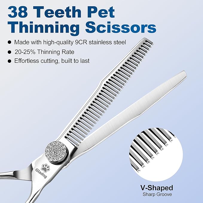 GLADOG 6.5" 9CR Thinning Shears for Dogs - Professional Dog Thinning Scissors with Luxurious Diamond Pivot Nut, Ideal Dog Grooming Scissors for Reducing Bulk, Dog Shears,Dogs Scissor for Grooming
