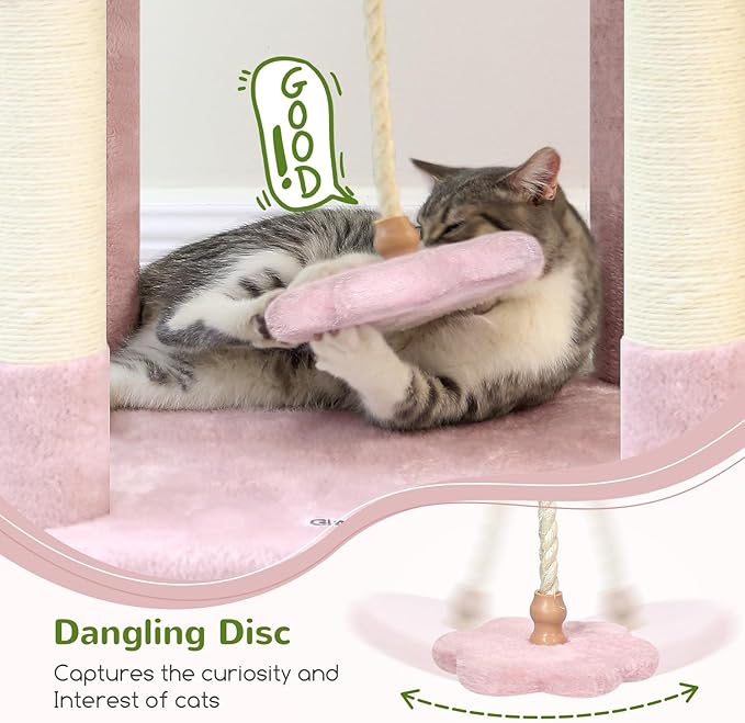 Globlazer Pink Cat Tree, 70 inch Tall Scratching Tower Multi-Level Cat Condo for Indoor Multiple Cats with 2 Large Cat Caves, Top Perch, Large Platform, Bottom Swing, F70B, Pink
